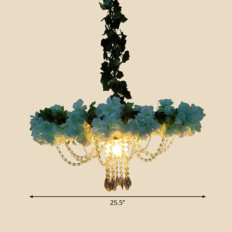 Hanging Industrial Cage Pendant Lamp With Artificial Leaf And Flower Accent Blue / 25.5