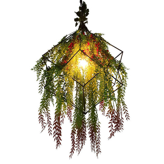 Hanging Industrial Cage Pendant Lamp With Artificial Leaf And Flower Accent