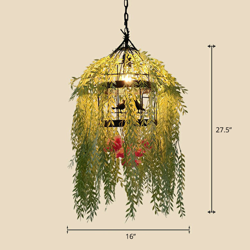 Hanging Industrial Cage Pendant Lamp With Artificial Leaf And Flower Accent Green / 16