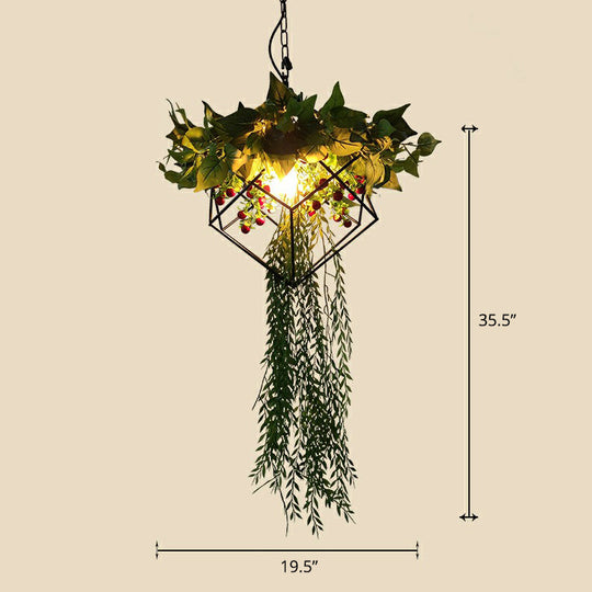 Hanging Industrial Cage Pendant Lamp With Artificial Leaf And Flower Accent Green / 19.5