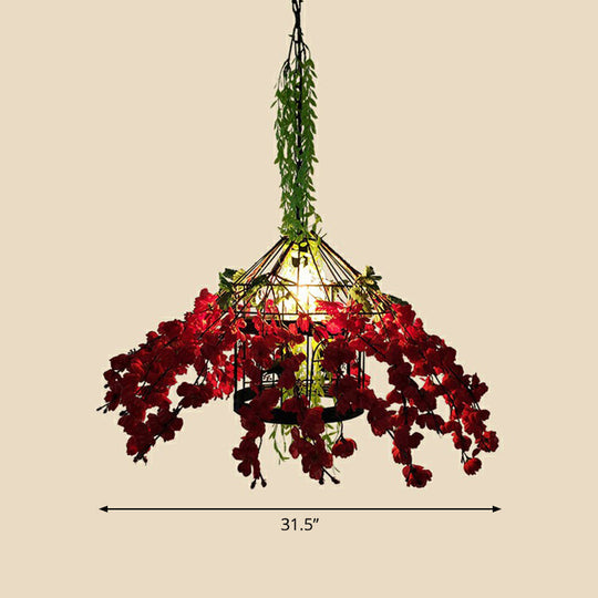 Hanging Industrial Cage Pendant Lamp With Artificial Leaf And Flower Accent Green / 31.5