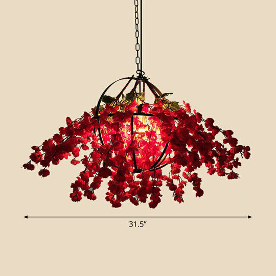 Hanging Industrial Cage Pendant Lamp With Artificial Leaf And Flower Accent Pink / 31.5