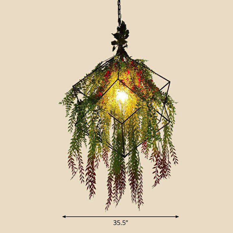 Hanging Industrial Cage Pendant Lamp With Artificial Leaf And Flower Accent Green / 35.5