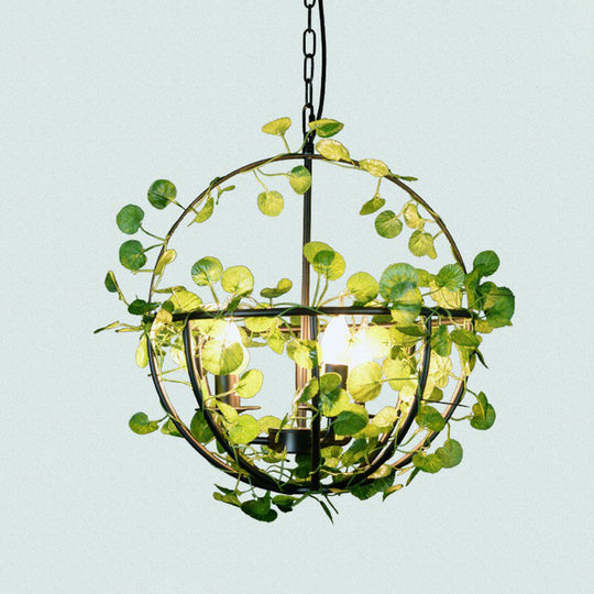 Country Style Wire Cage Iron Chandelier - Green Hanging Ceiling Light With Artificial Vine / Globe