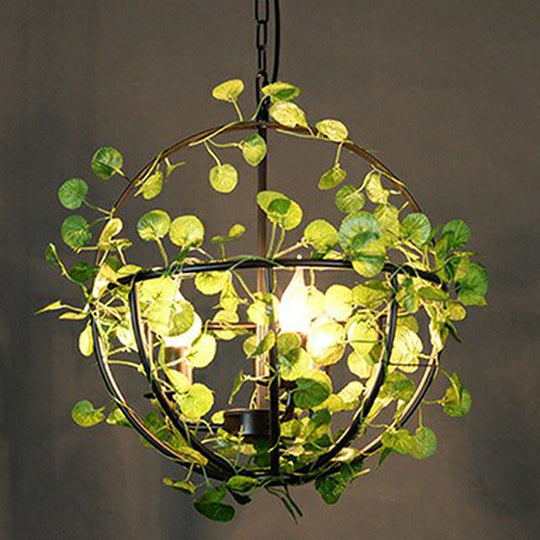 Country Style Wire Cage Iron Chandelier - Green Hanging Ceiling Light With Artificial Vine