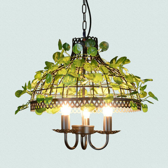 Country Style Wire Cage Iron Chandelier - Green Hanging Ceiling Light With Artificial Vine / Dome