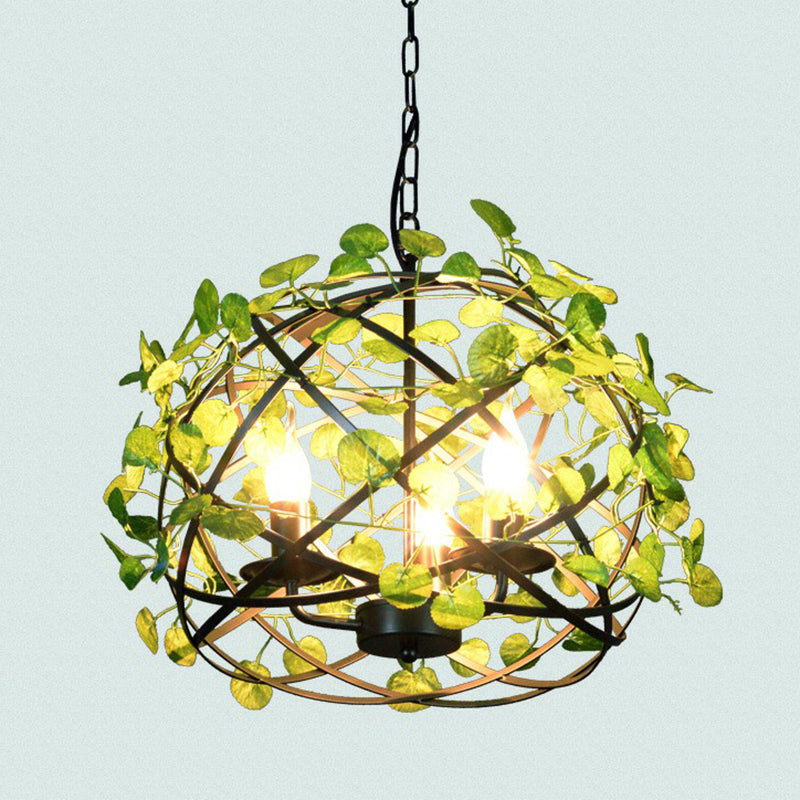 Country Style Wire Cage Iron Chandelier - Green Hanging Ceiling Light With Artificial Vine