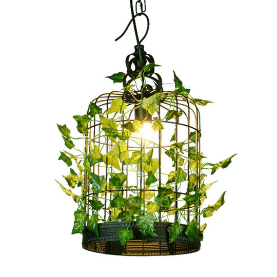 Country Style Wire Cage Iron Chandelier - Green Hanging Ceiling Light With Artificial Vine