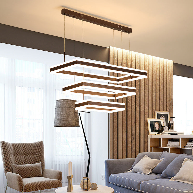 Simplicity Coffee Acrylic Led Chandelier - Rectangular Ceiling Suspension Lamp For Bedroom / 3 Tiers