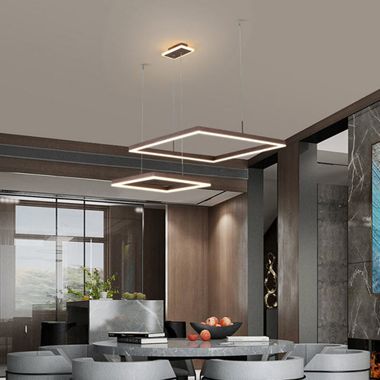 Modern Square LED Ceiling Light: 2-Light Aluminum Chandelier in Coffee Finish for Dining Room