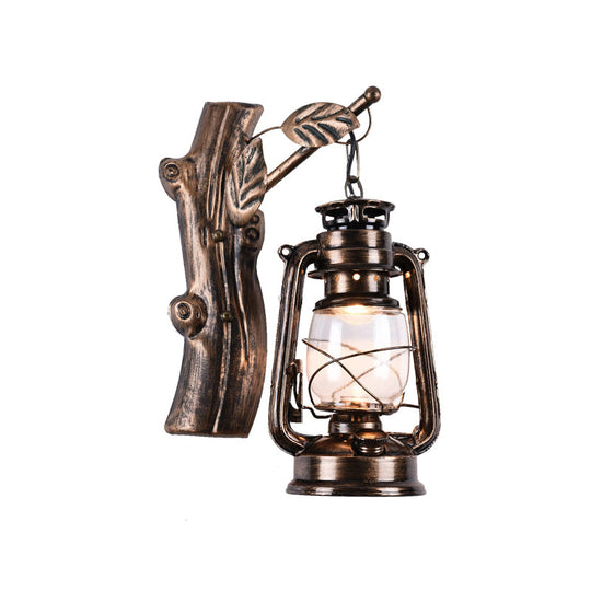 Rustic Black Oil Lantern Wall Sconce - Clear Glass 1 Head For Corridor Lighting