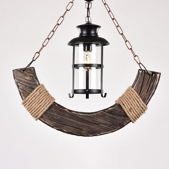 Nautical Brown Glass Pendant Lamp With Arch Wood Deco - Clear Cylindrical Hanging Light