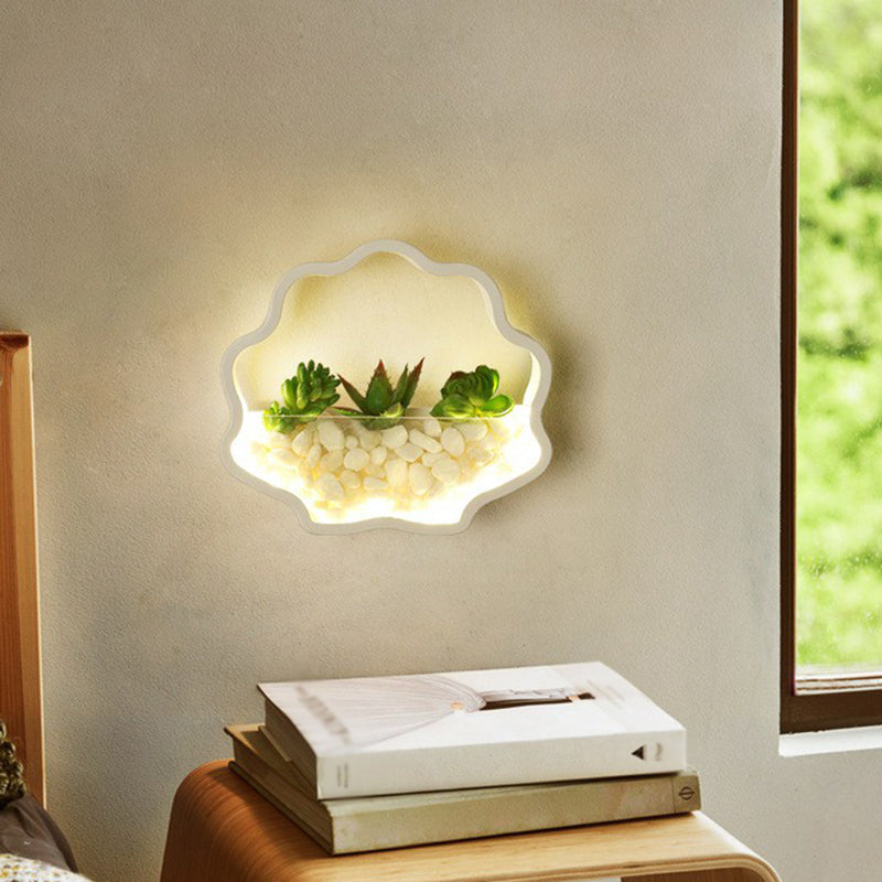 Art Deco Metal Halo Led Sconce Light - Wall Mounted With Cobblestone And Imitation Plant White /