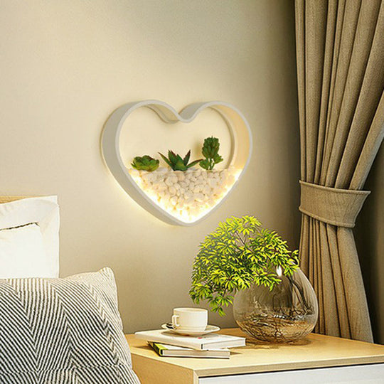 Art Deco Metal Halo Led Sconce Light - Wall Mounted With Cobblestone And Imitation Plant White /