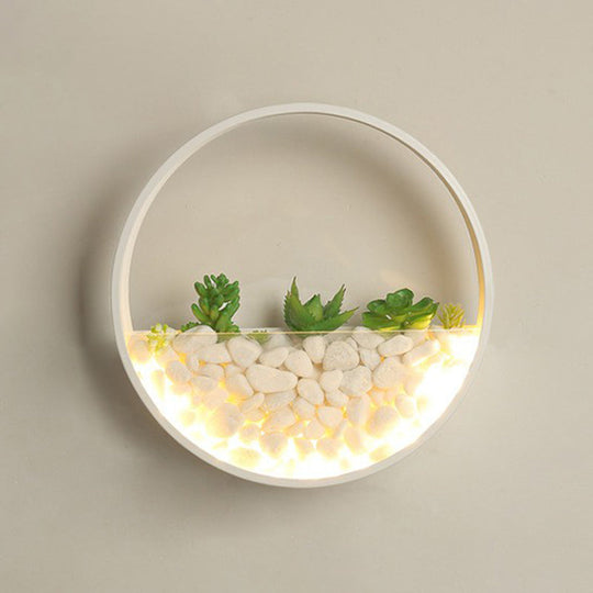 Art Deco Metal Halo Led Sconce Light - Wall Mounted With Cobblestone And Imitation Plant White /