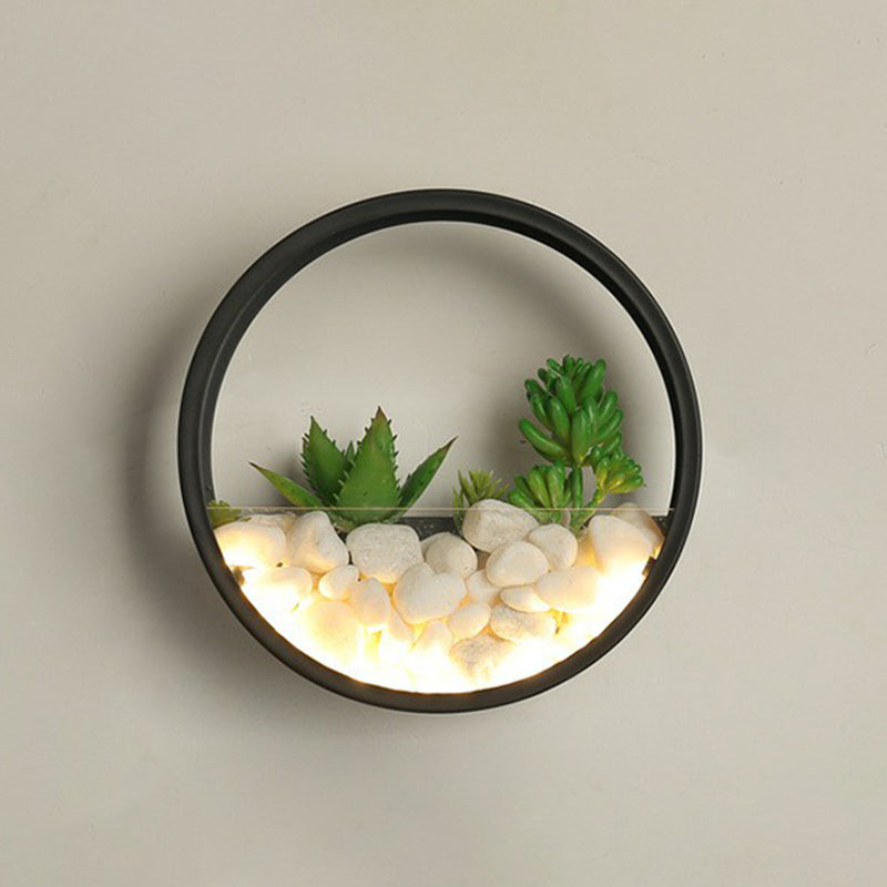 Art Deco Metal Halo Led Sconce Light - Wall Mounted With Cobblestone And Imitation Plant Black /