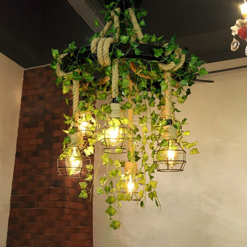 Rustic 6-Light Metal Pendant Chandelier With Cage And Fake Plant For Restaurants Green