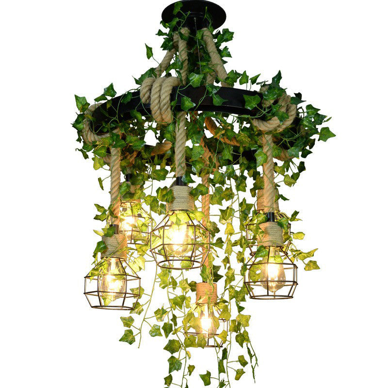 Rustic 6-Light Metal Pendant Chandelier With Cage And Fake Plant For Restaurants