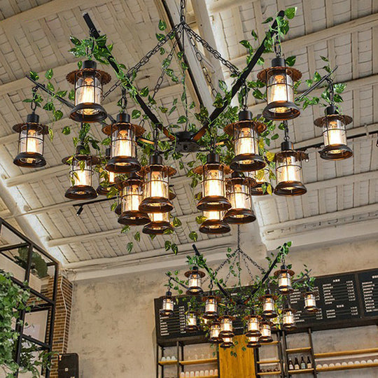 Black Industrial Lantern Chandelier With Green Vine Accents And Clear Glass Stylish Suspension Light