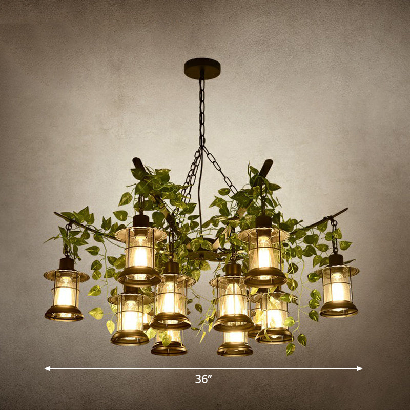 Black Industrial Lantern Chandelier With Green Vine Accents And Clear Glass Stylish Suspension Light