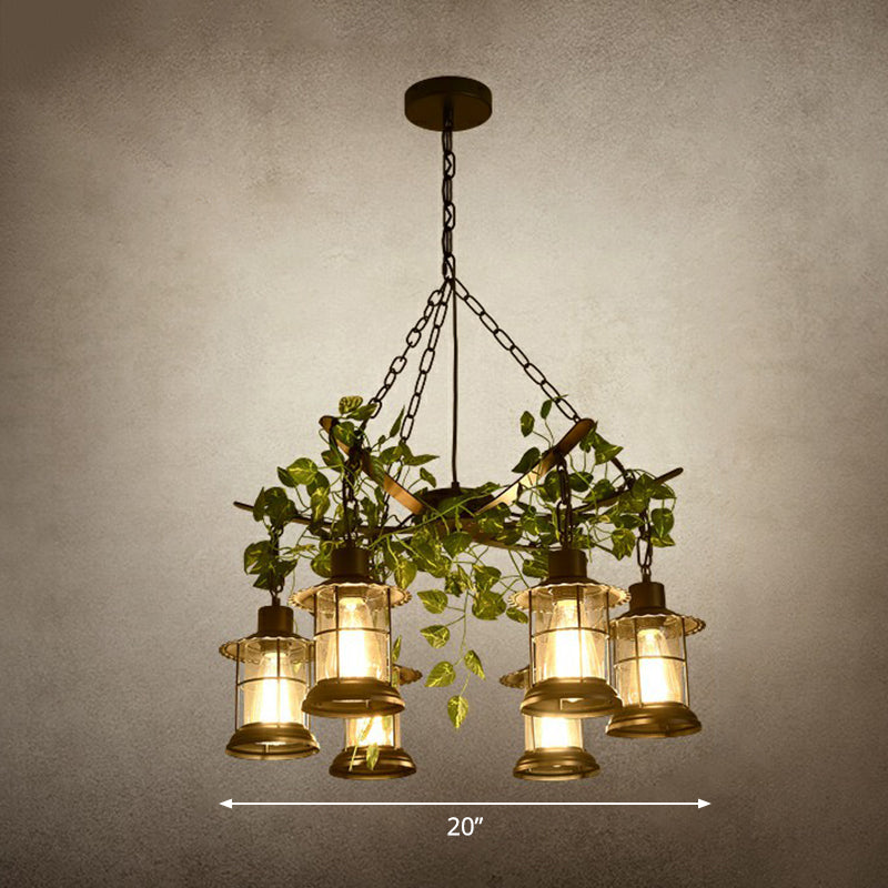 Black Industrial Lantern Chandelier With Green Vine Accents And Clear Glass Stylish Suspension Light