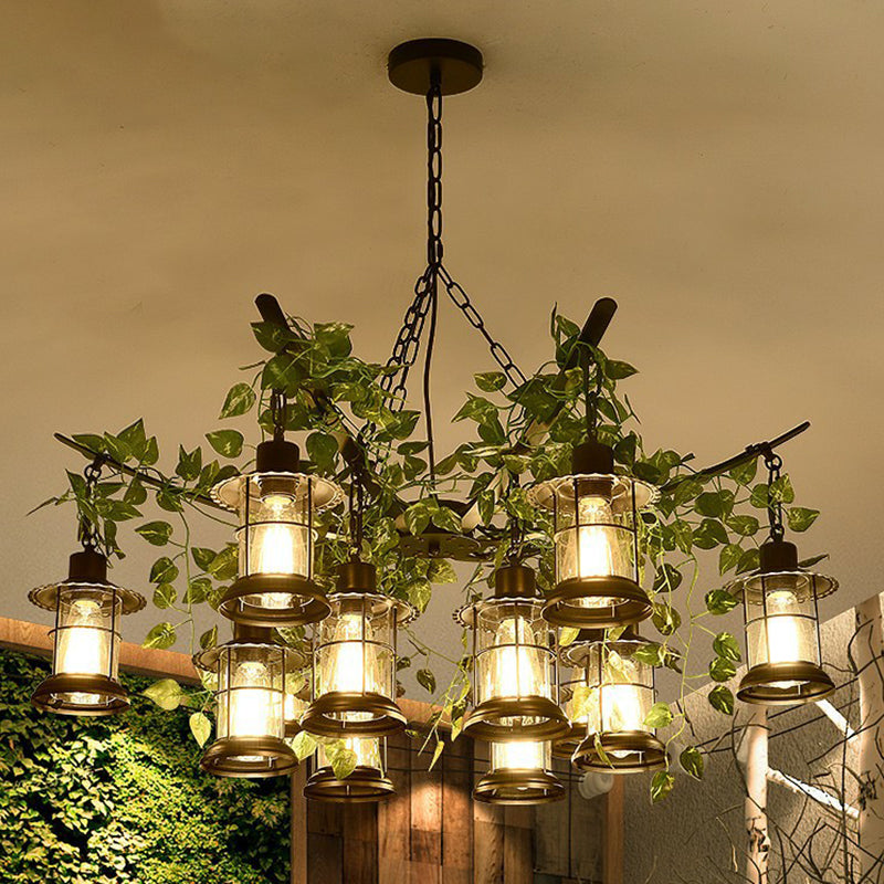 Black Industrial Lantern Chandelier With Green Vine Accents And Clear Glass Stylish Suspension Light