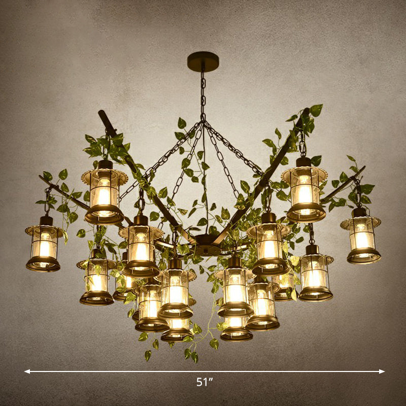 Black Industrial Lantern Chandelier With Green Vine Accents And Clear Glass Stylish Suspension Light