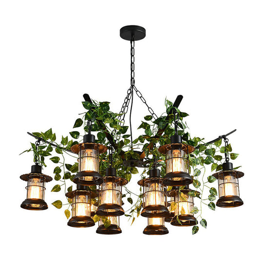 Black Industrial Lantern Chandelier With Green Vine Accents And Clear Glass Stylish Suspension Light