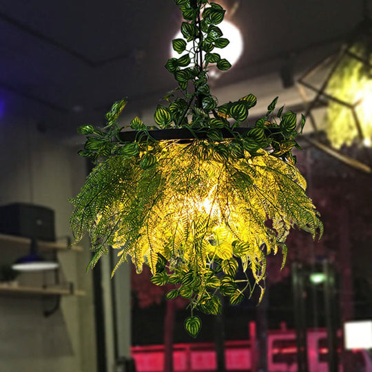 Wagon Wheel Industrial Pendant Lighting With Green Artificial Plant / 16