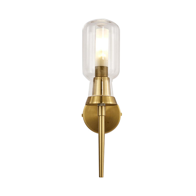 Frosted Glass Wall Sconce With Gold Flush Mount For Stairway - Traditionally Designed Cylinder Light