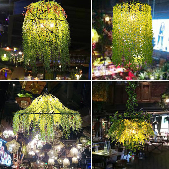 Rustic Metal Green Circle Pendant Chandelier With Artistic Plant Decor - Ideal For Restaurants