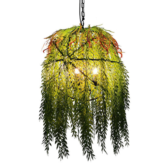 Rustic Metal Green Circle Pendant Chandelier With Artistic Plant Decor - Ideal For Restaurants