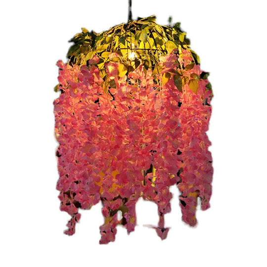 Iron Wire Birdcage Chandelier Lamp: Farmhouse Pendant Light With Artificial Flower Pink