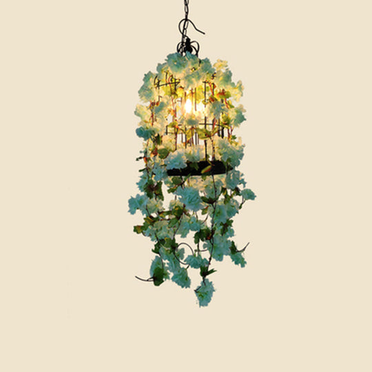 Iron Wire Birdcage Chandelier Lamp: Farmhouse Pendant Light With Artificial Flower