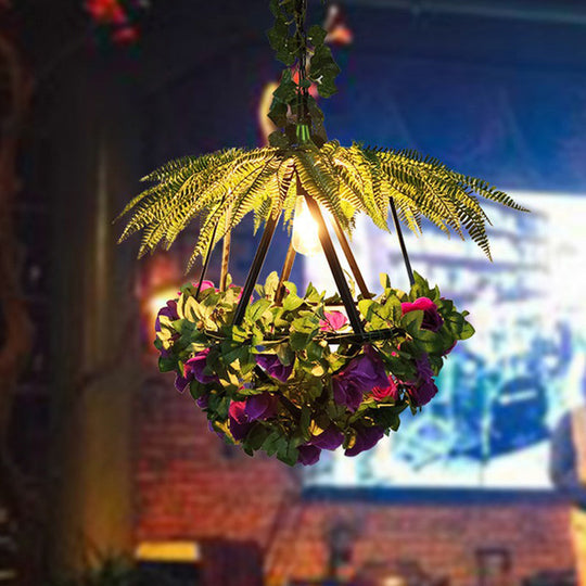 Country Style Hanging Chandelier: Imitation Plant Metal Ceiling Lamp For Restaurants Purple