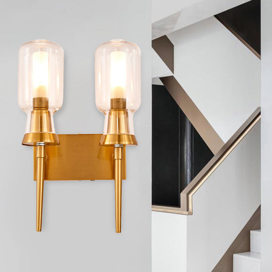 Frosted Glass Wall Sconce With Gold Flush Mount For Stairway - Traditionally Designed Cylinder Light