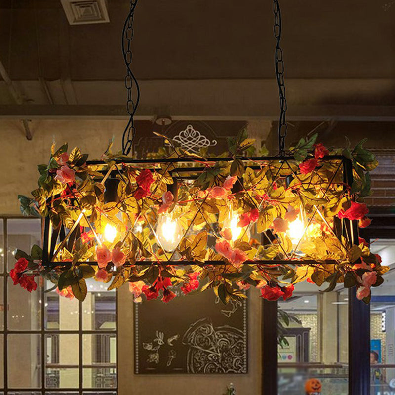 Rustic Iron Hanging Pendant Light Fixture For Restaurants - Rectangular Design With Island Charm And