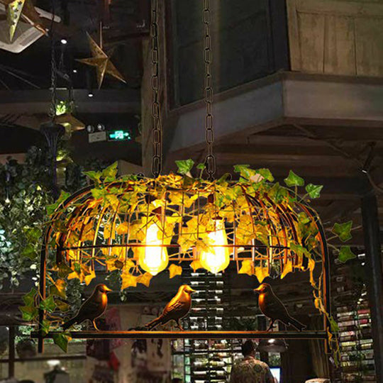 Industrial Cage Metal Pendant Light With Green Imitation Leaf For Dining Room 2 / Birdcage