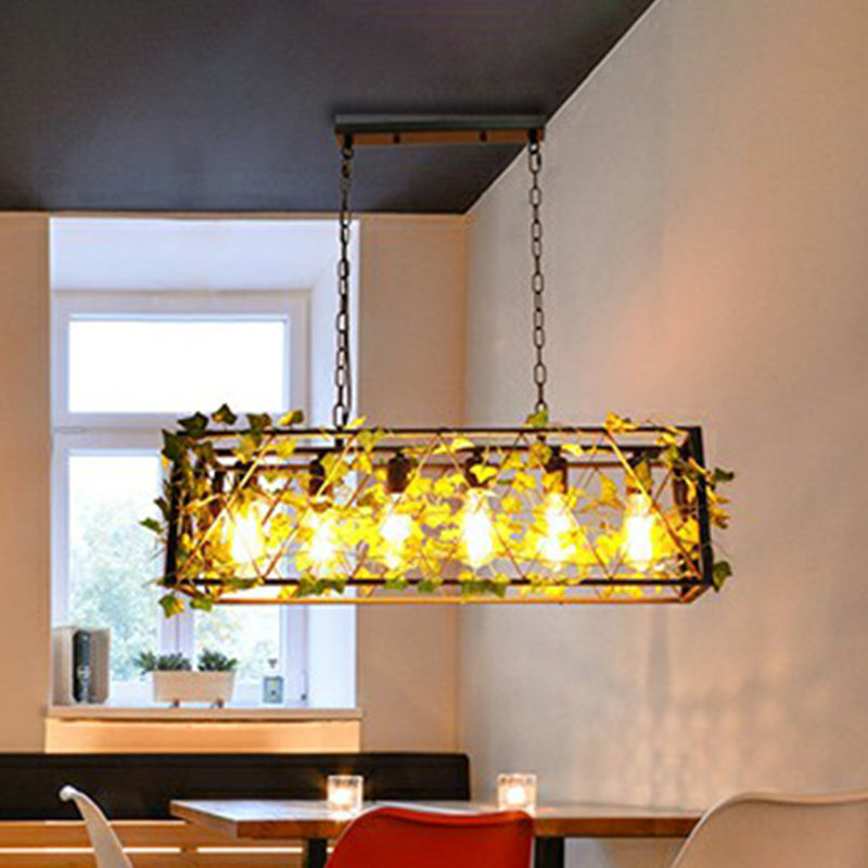 Industrial Cage Metal Pendant Light With Green Imitation Leaf For Dining Room 6 / Rectangle