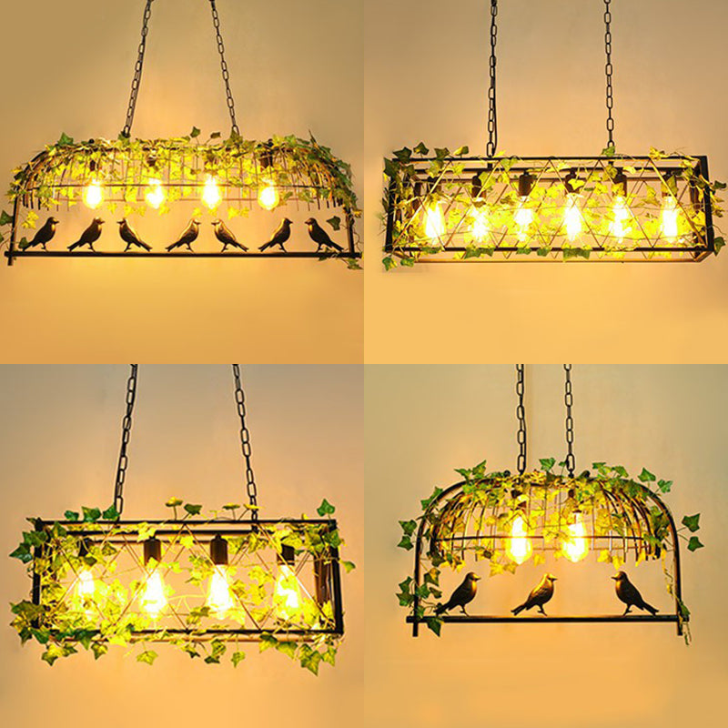 Industrial Cage Metal Pendant Light With Green Imitation Leaf For Dining Room