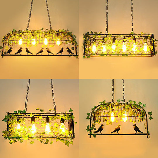 Industrial Cage Metal Pendant Light With Green Imitation Leaf For Dining Room