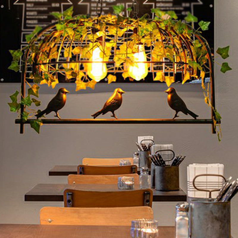 Industrial Cage Metal Pendant Light With Green Imitation Leaf For Dining Room