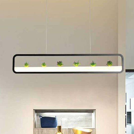 Metal Led Hanging Light For Restaurants: Artistic Rectangle Island Lamp With Imitation Succulents