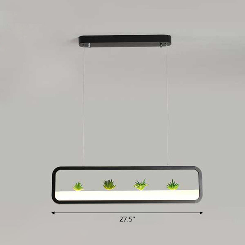 Metal Led Hanging Light For Restaurants: Artistic Rectangle Island Lamp With Imitation Succulents