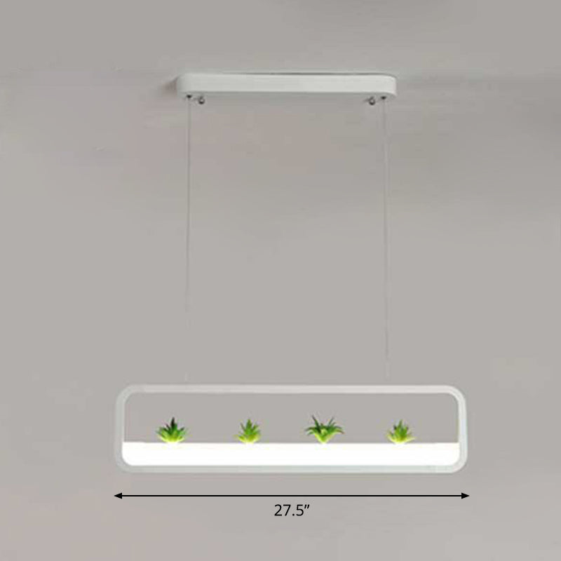 Metal Led Hanging Light For Restaurants: Artistic Rectangle Island Lamp With Imitation Succulents