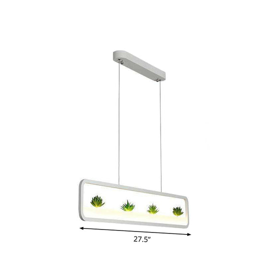 Metal Led Hanging Light For Restaurants: Artistic Rectangle Island Lamp With Imitation Succulents