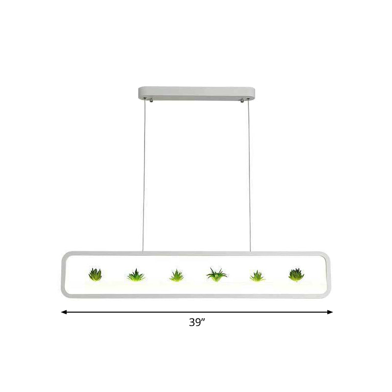 Metal Led Hanging Light For Restaurants: Artistic Rectangle Island Lamp With Imitation Succulents