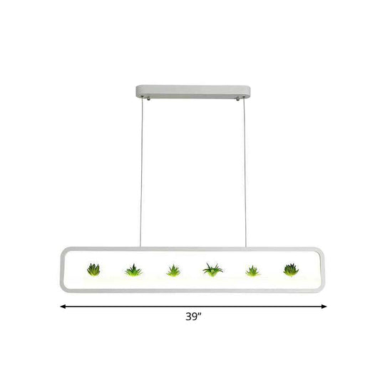 Metal Led Hanging Light For Restaurants: Artistic Rectangle Island Lamp With Imitation Succulents