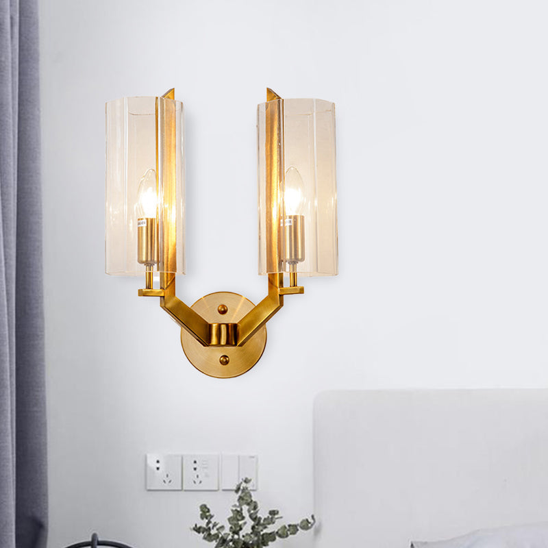 Traditional Gold Glass Wall Sconce Lamp With Clear Tube Bulbs Ideal Bedside Lighting Fixture