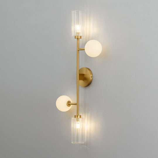 Gold Milk Glass Wall Sconce Light With Ribbed Arms Traditional 4-Head Fixture For Stairway